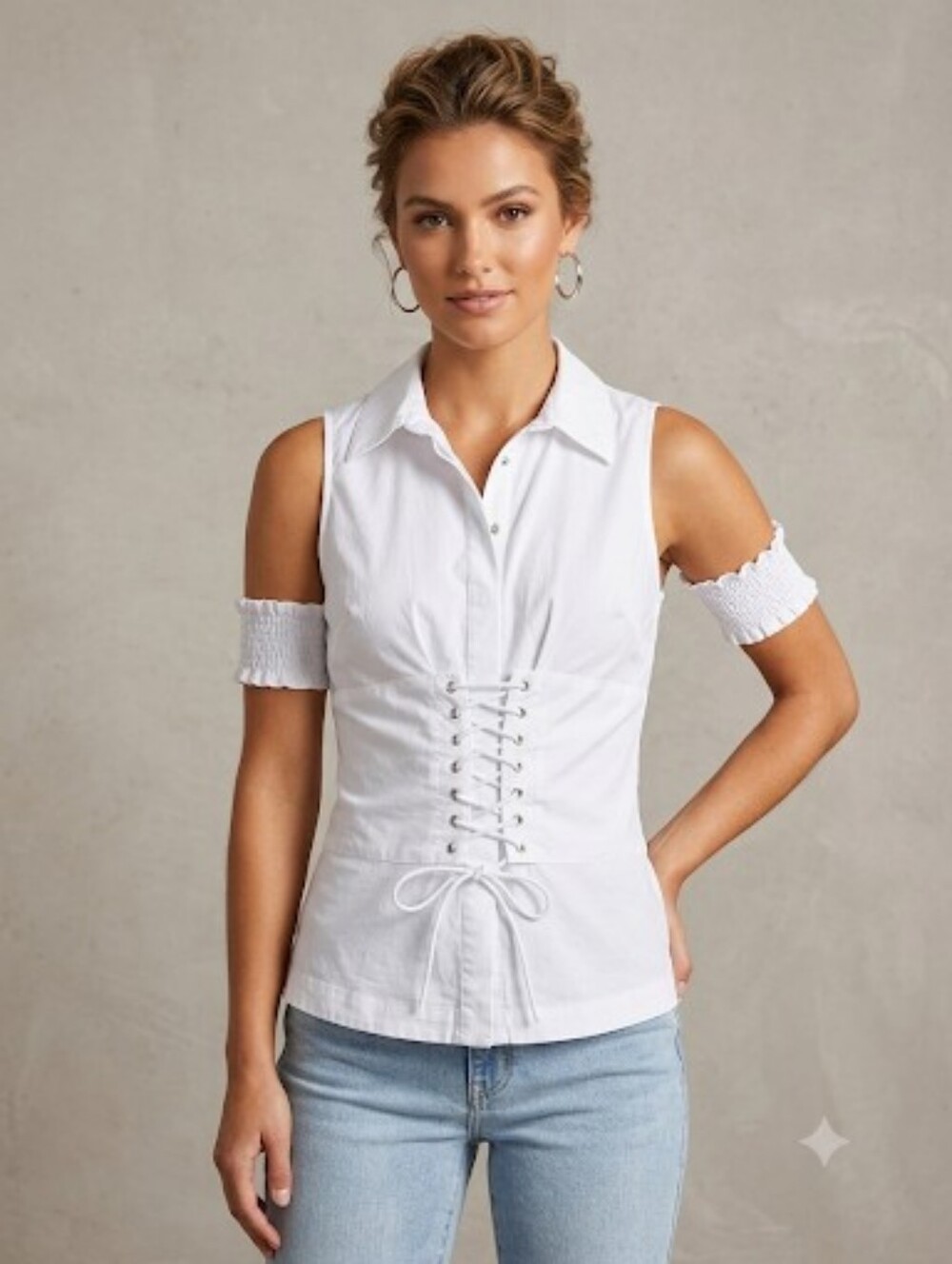 Y2K BEBE White Cotton Lace Up Corset Shirt Blouse Short Smocked Sleeve Size M